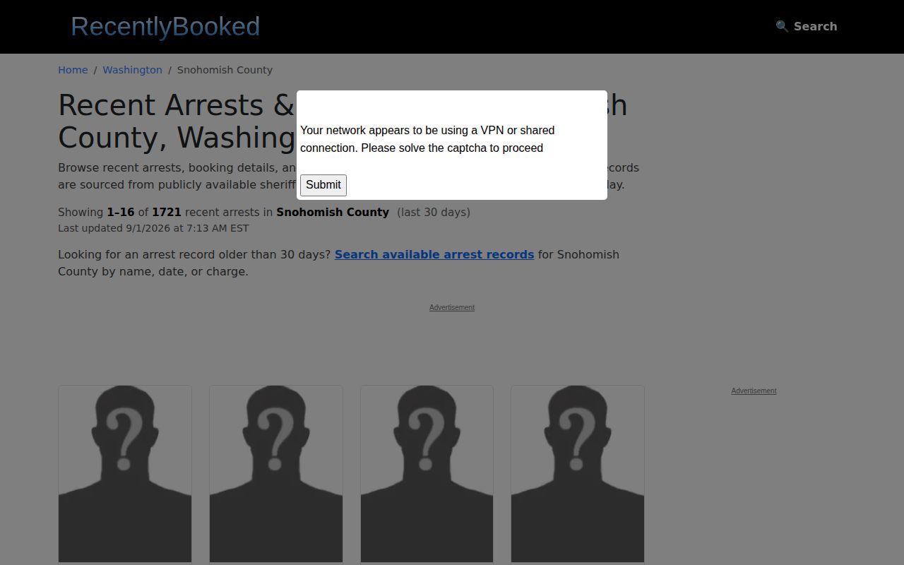 RecentlyBooked Snohomish County landing page documented as an unofficial booking listing source