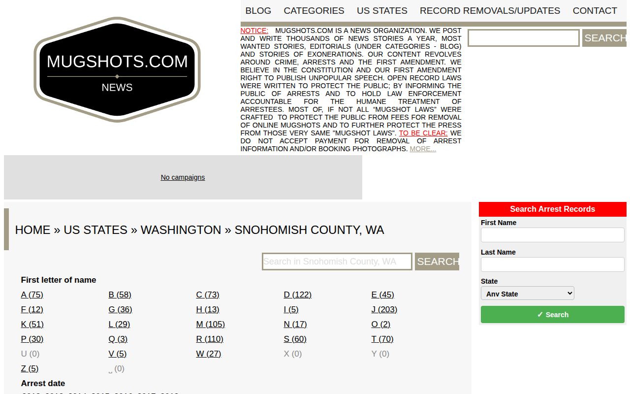 Mugshots.com Snohomish County landing page documented as an unofficial historical listing source