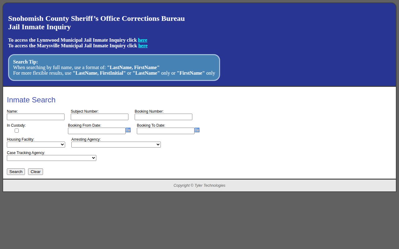 Snohomish County jail roster booking-record search fields