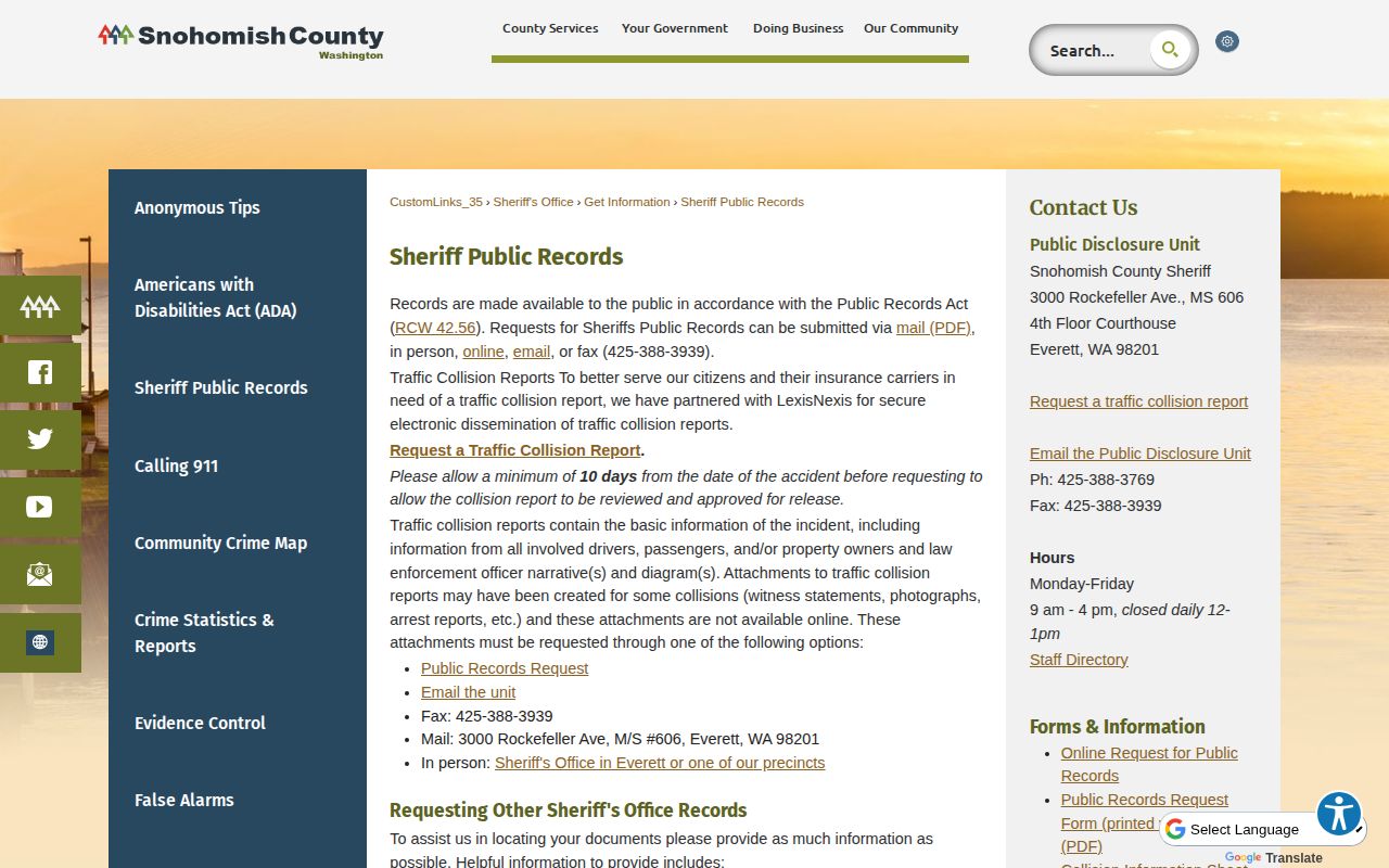 Snohomish County booking record public-records request interface