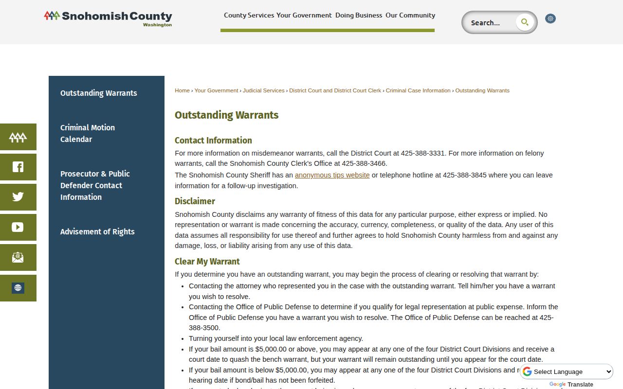 Snohomish County warrant confirmation contacts on the official Outstanding Warrants page